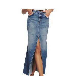 Reformation Tazz Denim Maxi Skirt Women's Size 29 High Slit Raw Hem
